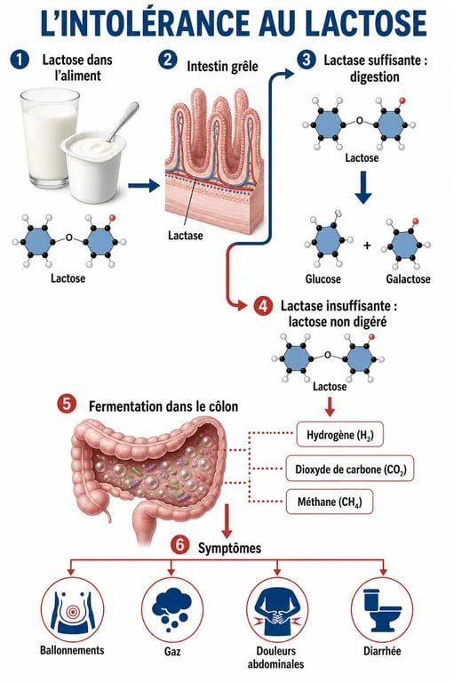 Intolérance au lactose symptome : schéma du mécanisme digestif du lactose et des symptômes associés