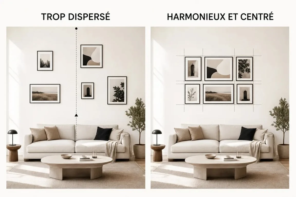 Disposition cadre mural harmonieuse au-dessus d’un canapé, comparée à une version déséquilibrée