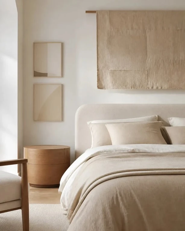 Décorer mur blanc : chambre douce avec textile mural et cadres aux tons naturels