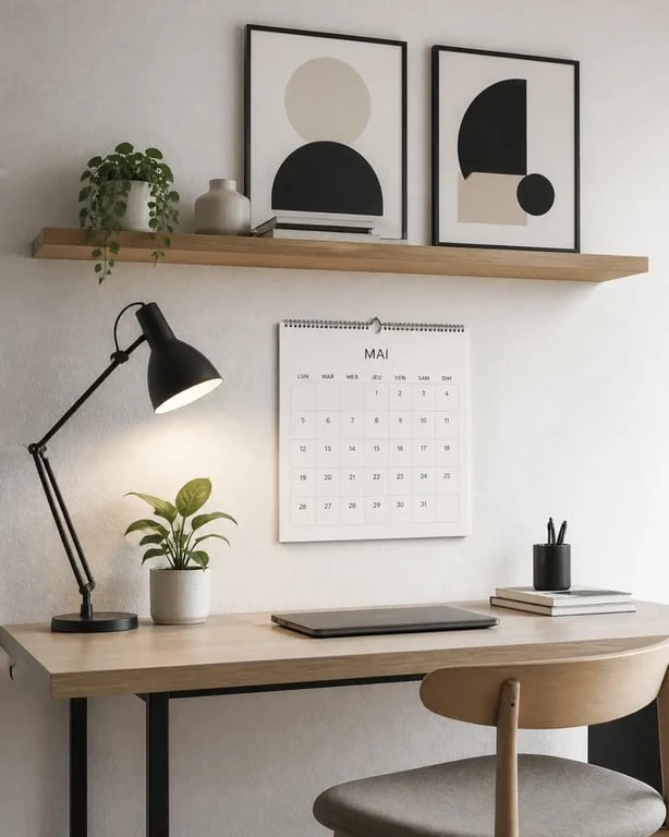 Décorer mur blanc : bureau minimal avec étagère flottante et affiches graphiques
