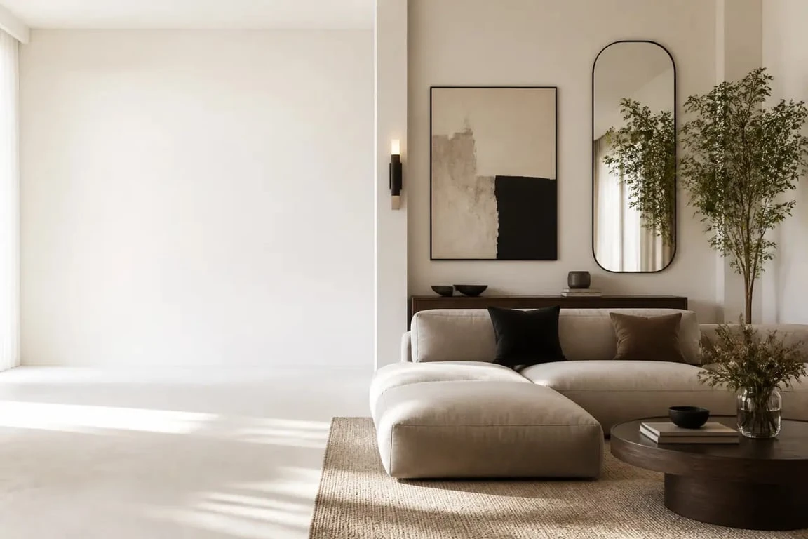Décorer mur blanc : salon contemporain avec grand tableau, miroir et matières bois