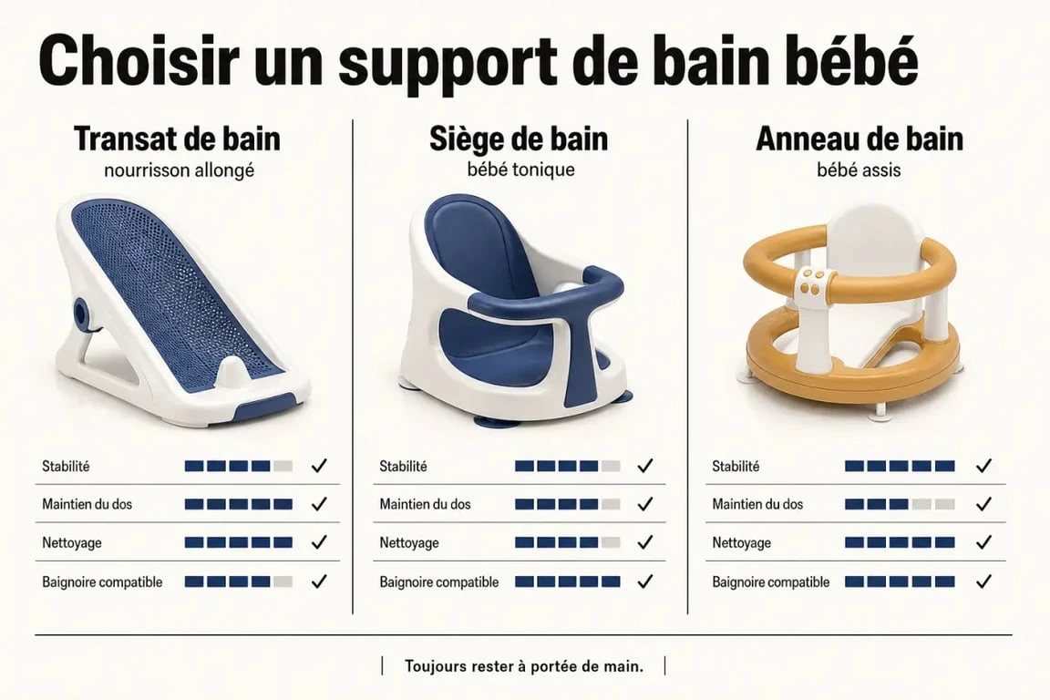 Comparatif siège bain bebe, transat et anneau de bain bébé avec critères de sécurité et de confort