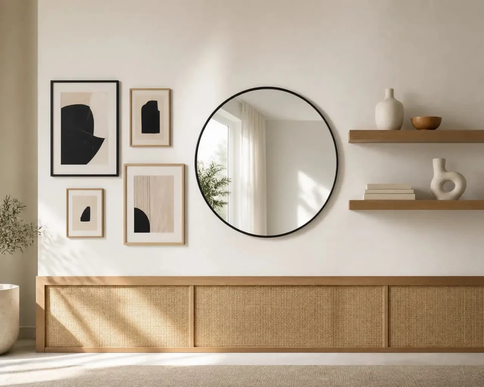 Idées pour décorer un mur blanc dans un intérieur lumineux avec cadres, miroir et étagères