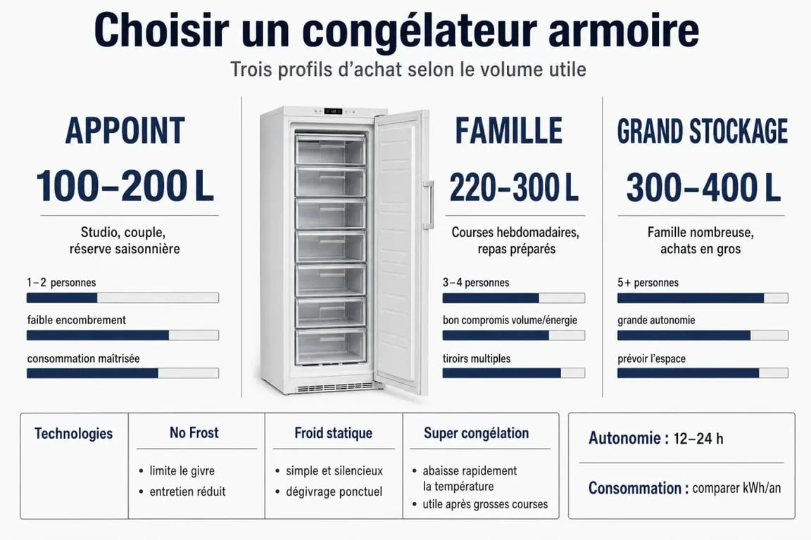 Comparatif congélateur armoire : capacités, No Frost, autonomie et prix en un seul visuel
