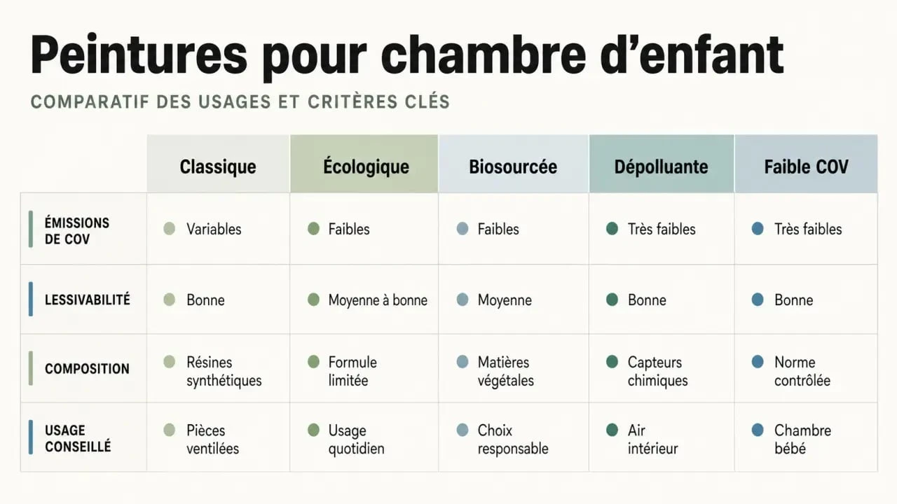 Peinture chambre enfant : tableau comparatif des peintures classiques, écologiques, biosourcées, dépolluantes et à faible COV