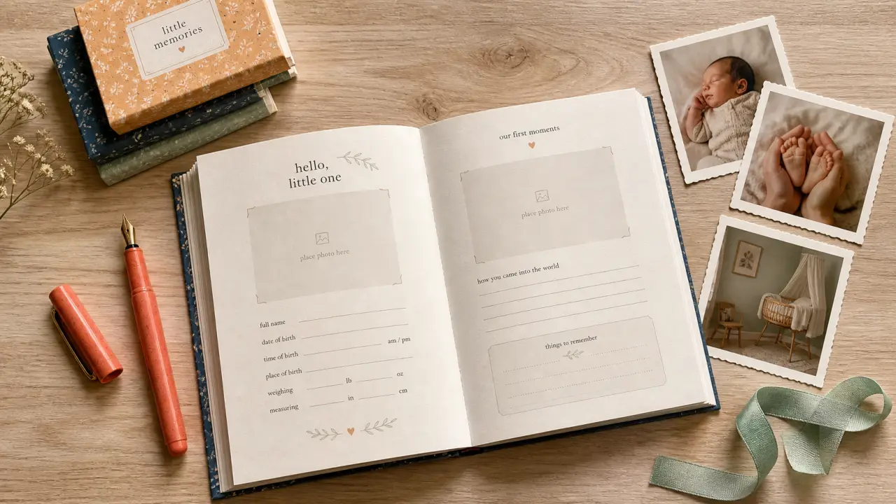 Livre de naissance à remplir ouvert avec photos et pages à garder