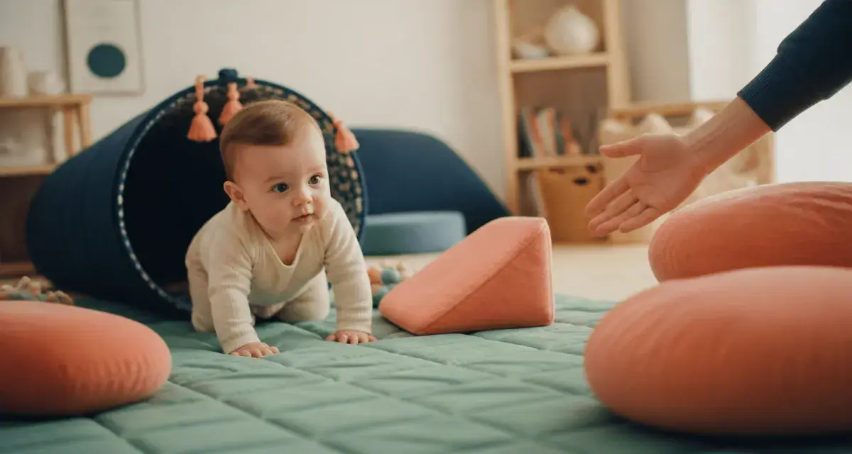 Motricité enfant : bébé explore sur tapis d’éveil en quatre pattes