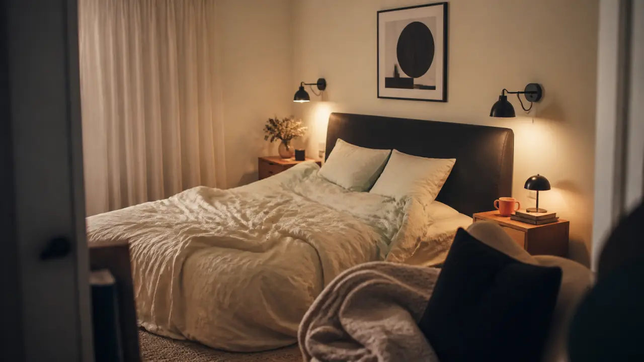 noir et blanc chambre, chambre claire et élégante, lit défait et lampes noires