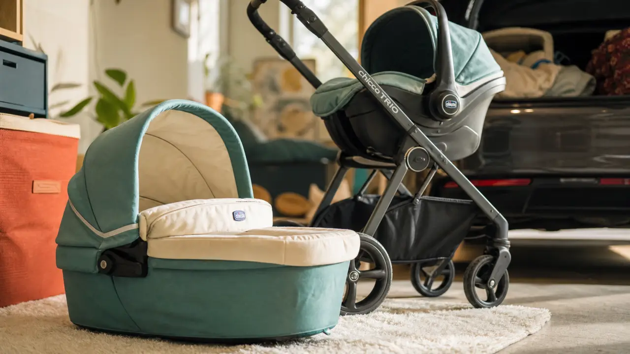 Poussettes 3 en 1 Chicco : poussette trio nacelle et siège auto en intérieur