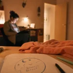 Specialiste sommeil enfant : carnet et parent dans une chambre la nuit