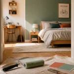 Tendance peinture chambre garcon : mur vert sauge et murs crème, échantillons de teintes