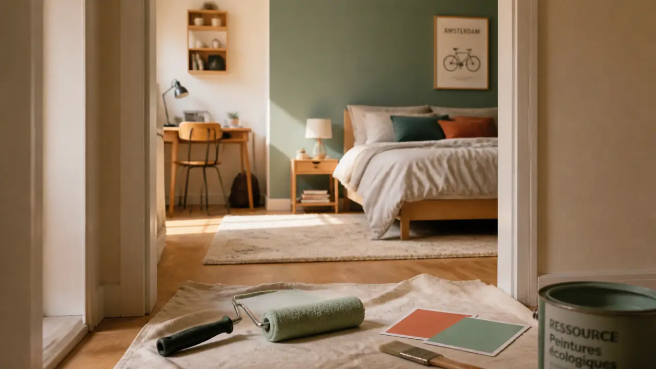 Tendance peinture chambre garcon : mur vert sauge et murs crème, échantillons de teintes