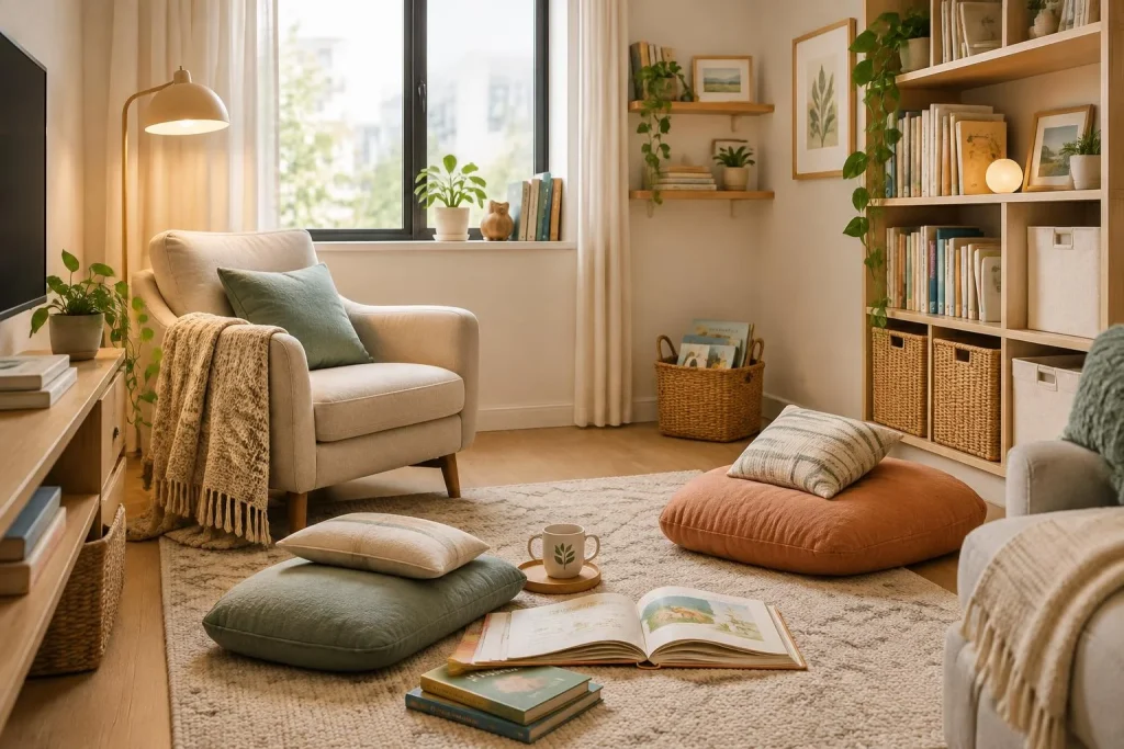 Un coin lecture familial confortable, même dans un salon peu spacieux