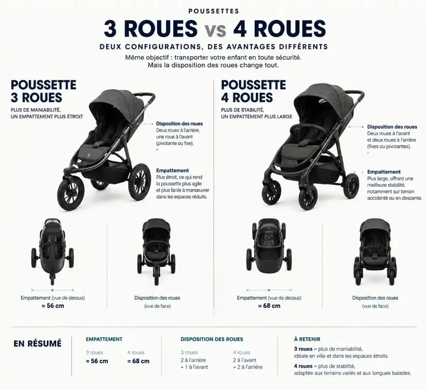 Comparatif technique entre poussette 3 roues et 4 roues pour choisir sa poussette tout terrain
