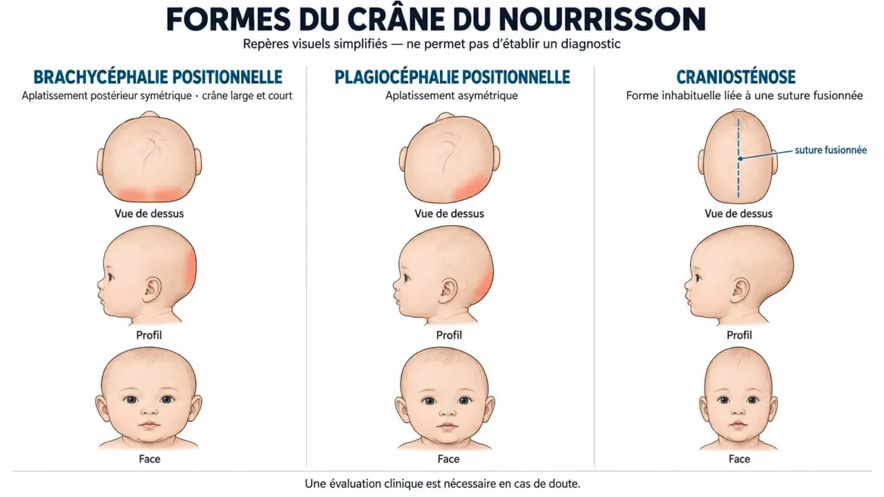 Schéma comparatif de la brachycéphalie bébé, de la plagiocéphalie et de la craniosténose selon la forme du crâne