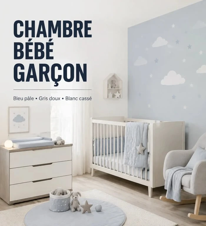 Idée chambre bébé garçon avec ambiance ciel, nuages et couleurs douces