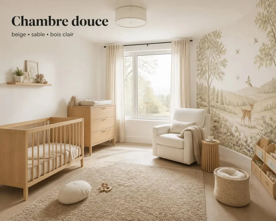 Idée chambre bébé garçon avec ambiance nature douce, bois clair et papier peint panoramique