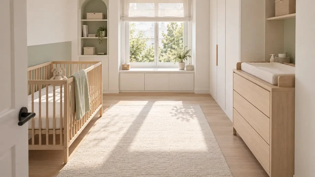 Chambre complète bébé avec lit, commode et armoire dans une petite pièce bien agencée
