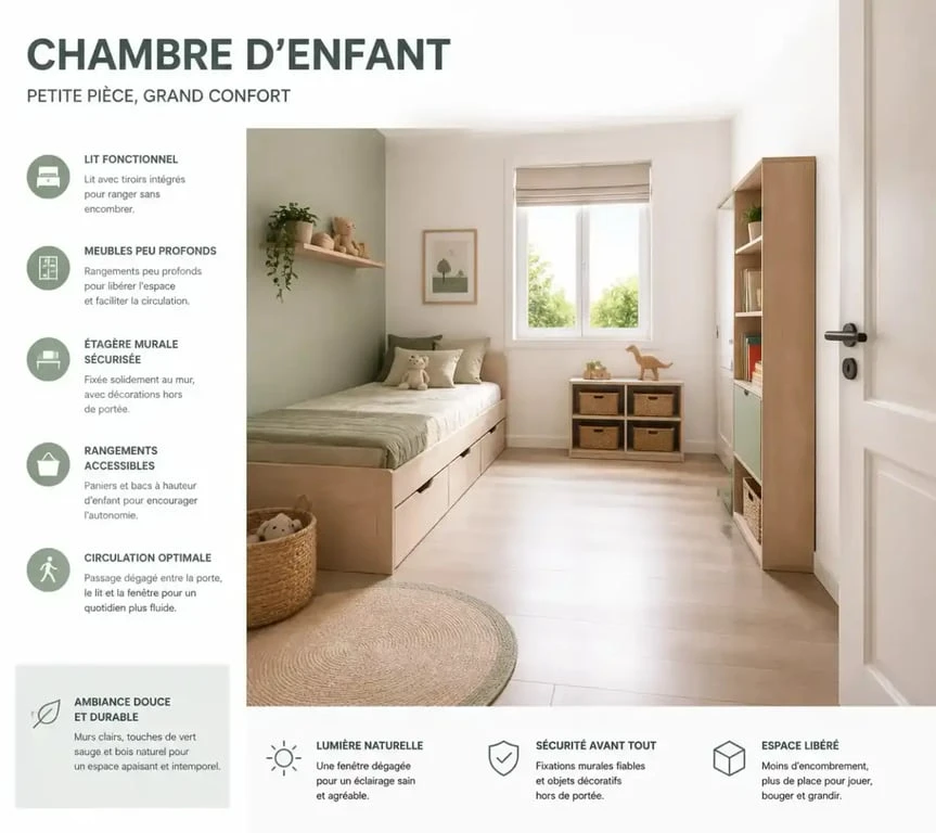Déco chambre enfant dans un petit espace avec rangements verticaux et zone de jeu libre