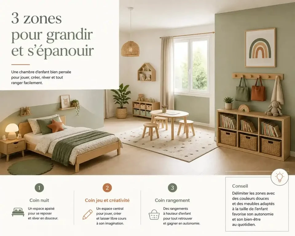 Déco chambre enfant organisée en trois zones : sommeil, jeu et rangement