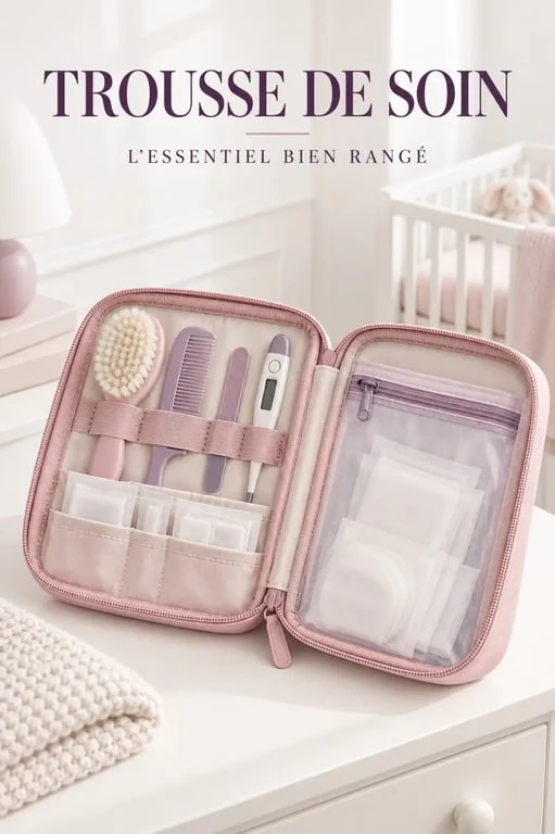 Trousse de soin bébé fille ouverte avec accessoires et compartiments organisés