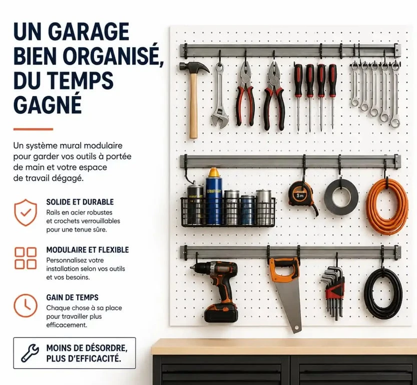 Optimisation rangement garage avec panneaux perforés et rails muraux