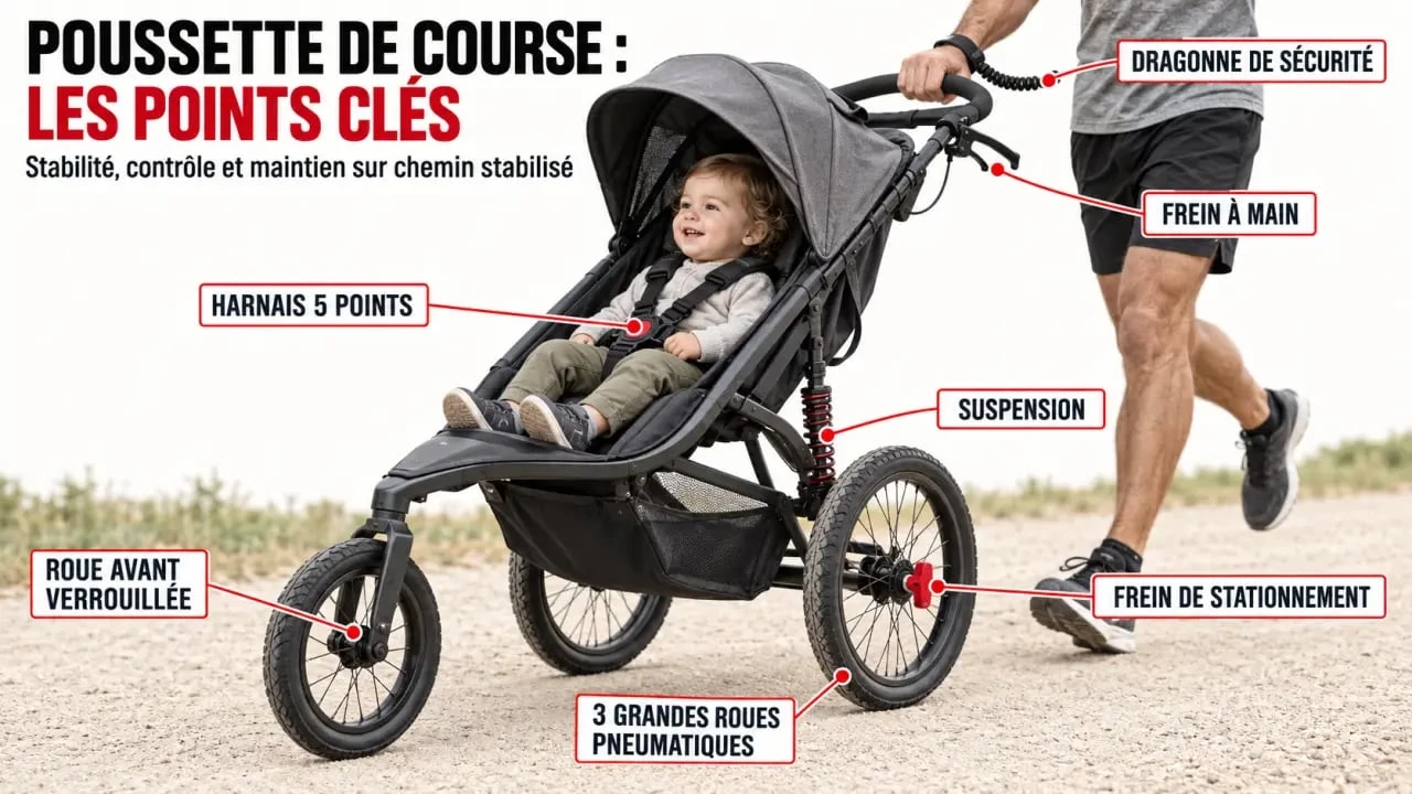 Poussette pour course à pied avec roue avant verrouillée, suspension, frein à main et harnais cinq points