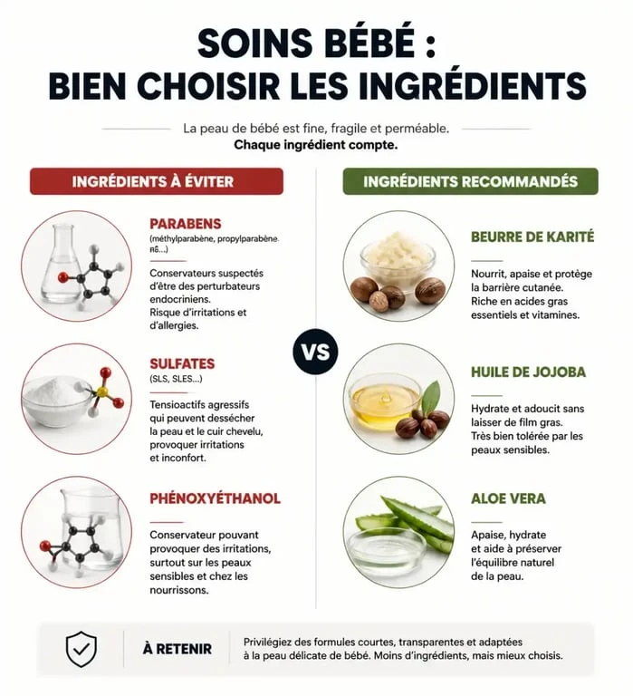 Ingrédients à éviter dans les produits soin bébé pour protéger la peau fragile.