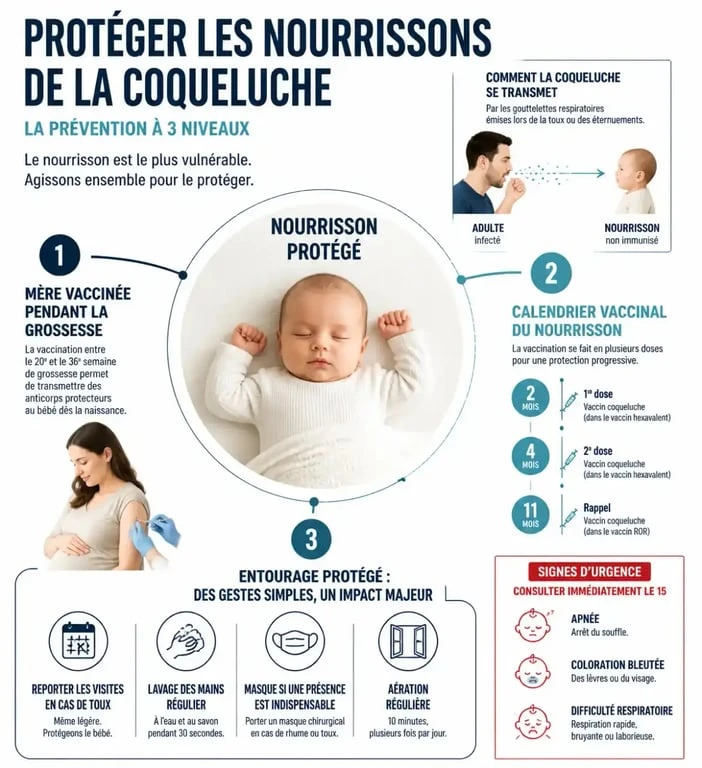 Infographie sur comment prévenir la transmission de la coqueluche chez le nourrisson par la vaccination et les gestes barrières