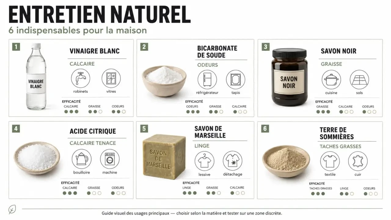 Infographie produit entretien maison naturel pour choisir vinaigre blanc, bicarbonate, savon noir et acide citrique selon l’usage