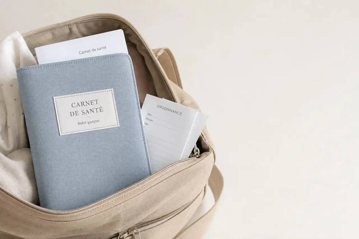 Protège carnet de santé bebe garcon dans un sac à langer ouvert
