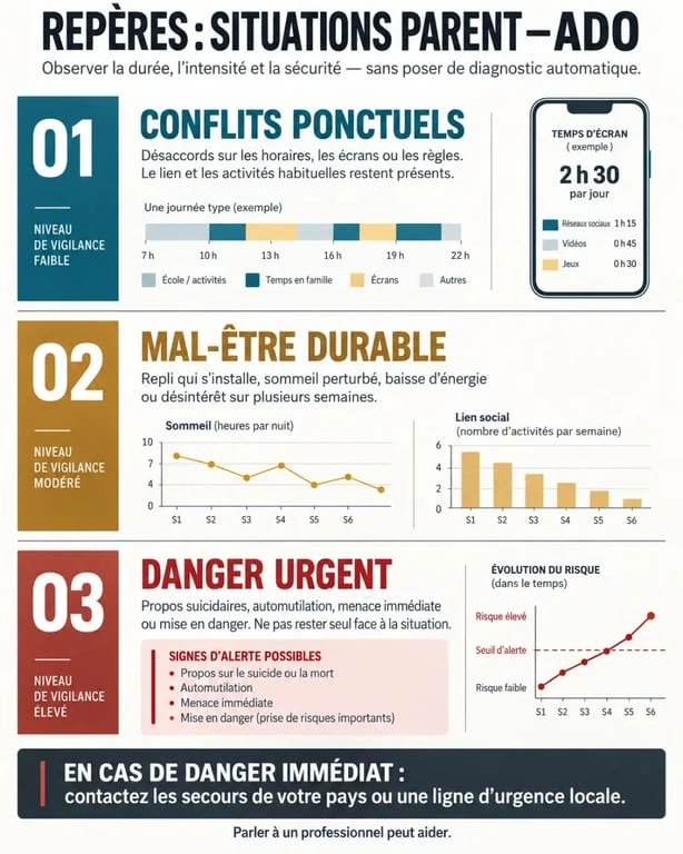 Aide parent ado difficile : infographie pour distinguer conflit ponctuel, mal-être durable et situation urgente