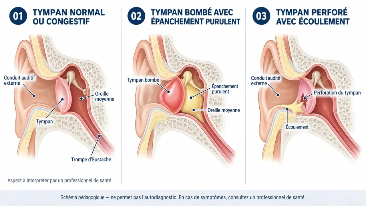Schéma des formes d’otite moyenne aiguë chez le jeune enfant : congestive, purulente et perforée