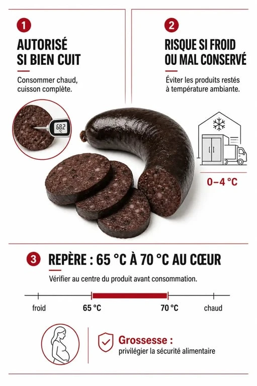 Infographie sur le boudin noir enceinte avec cuisson à cœur, température 65°C à 70°C et précautions de conservation