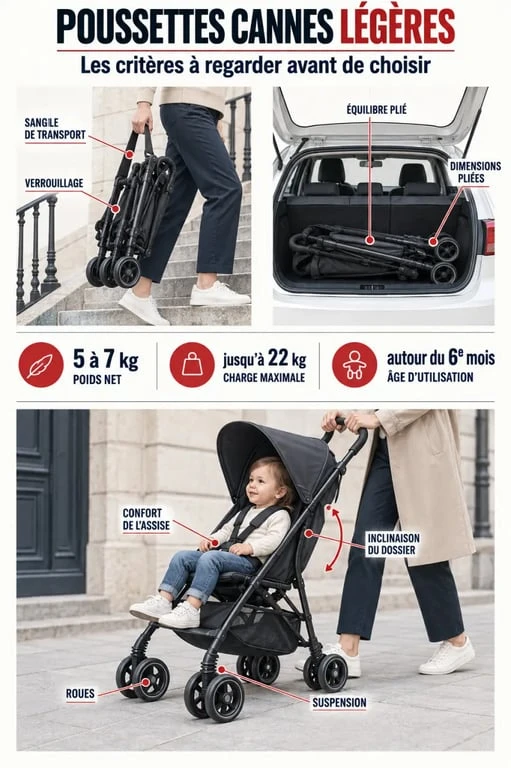 Infographie sur les poussettes cannes légères et les critères de choix