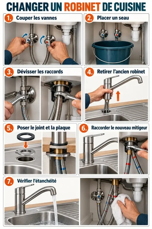 Illustration des étapes pour changer de robinet de cuisine sous un évier