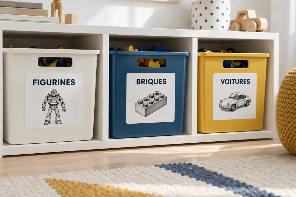 Bacs de rangement chambre enfant avec étiquettes illustrées à hauteur d'enfant