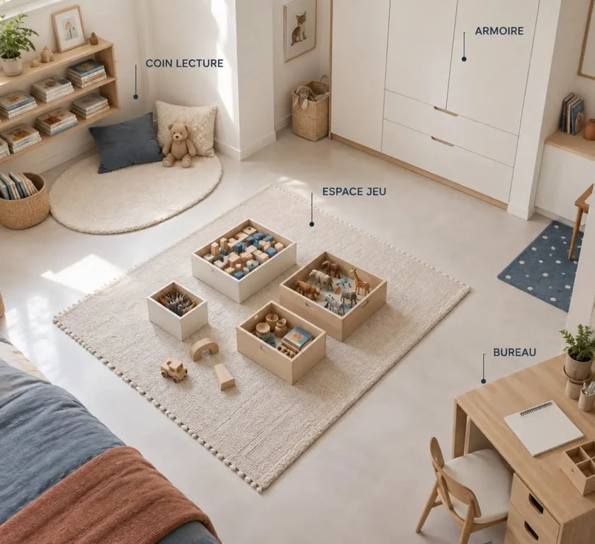 Rangement chambre enfant organisé par zones avec bacs et étagères