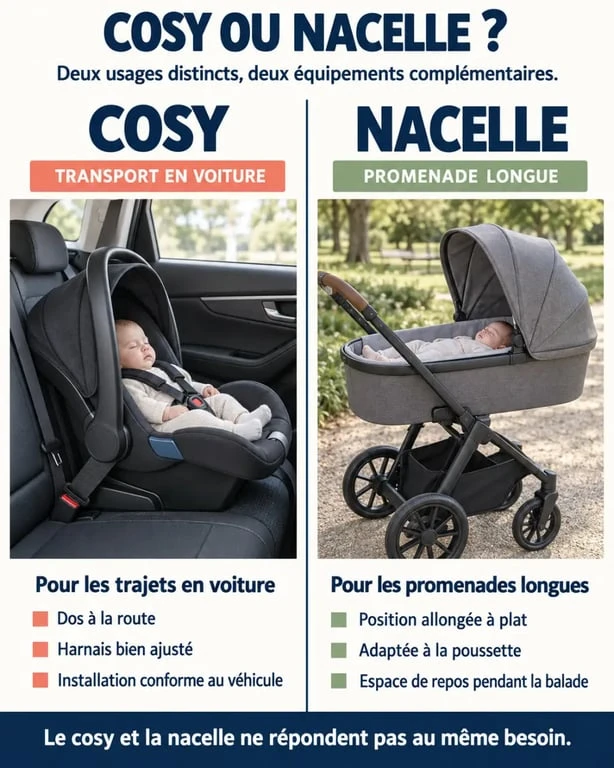 Nacelle ou cosy avis pédiatre : comparaison entre cosy dos à la route en voiture et nacelle pour la promenade