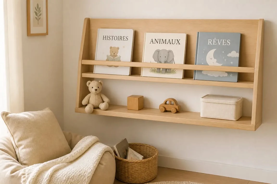 Exemple d'étagere chambre enfant murale dans un coin lecture lumineux avec livres et objets déco