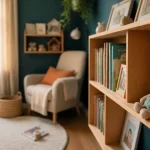 Étagère chambre enfant murale en bois clair avec livres