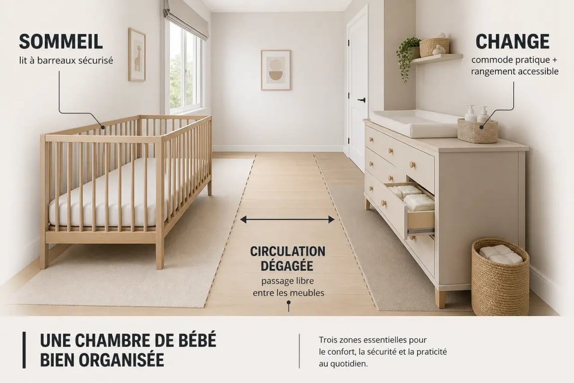 Comment organiser la chambre de bébé pour faciliter le quotidien : chambre organisée avec lit, coin change et rangements