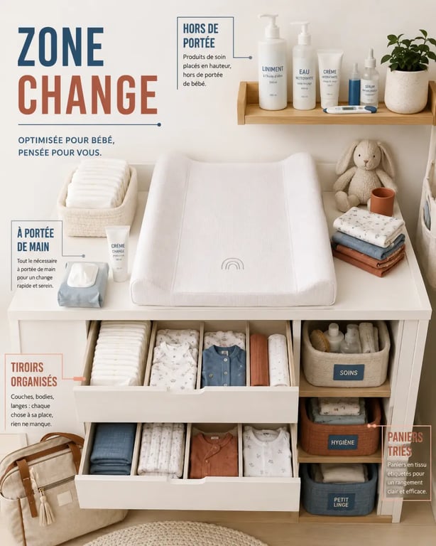 Comment organiser la chambre de bébé pour faciliter le quotidien : coin change pratique avec rangements accessibles