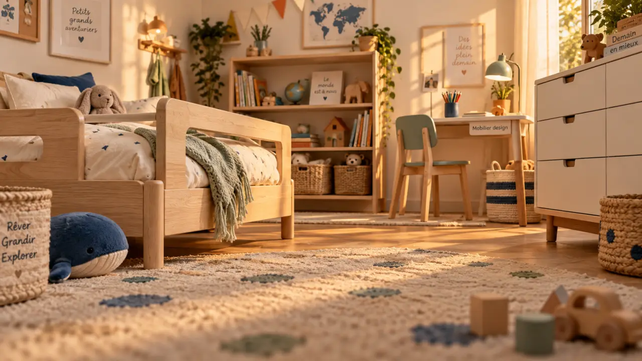 Mobilier enfant design : chambre lumineuse avec lit évolutif