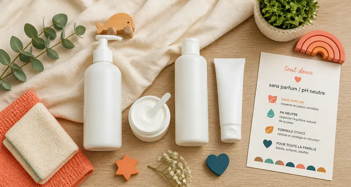 Produit soin bébé pour peau sensible, gel lavant surgras et crème de change