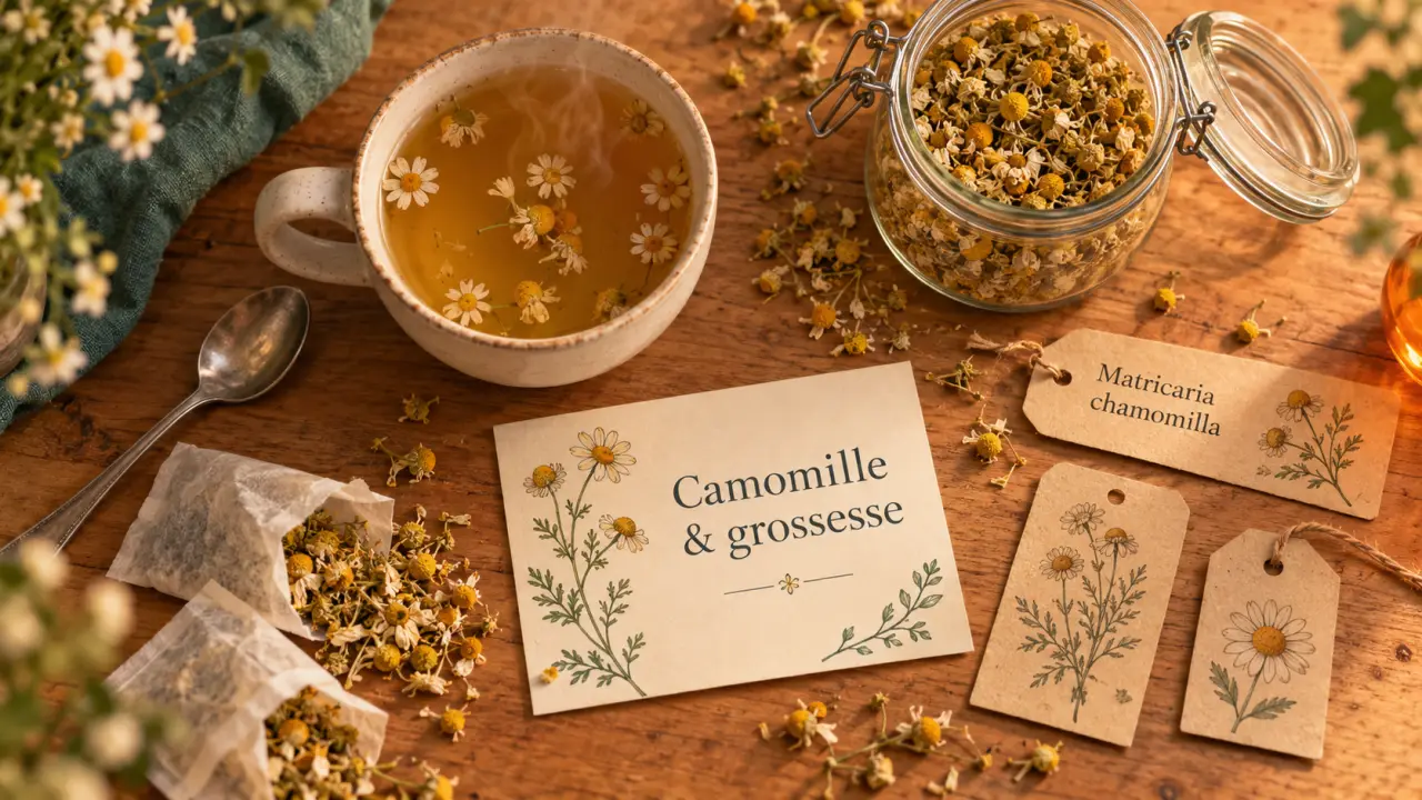 Camomille enceinte : tasse de tisane en gros plan