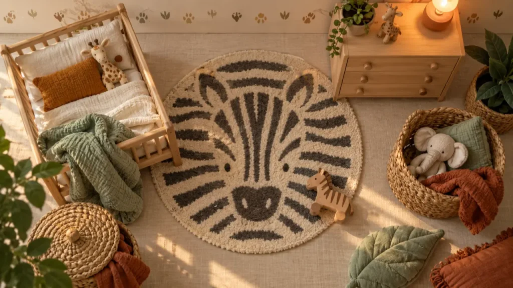 Une chambre bébé safari réussie tient à une palette douce et un seul mur animalier