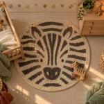 Chambre bébé safari : palette douce et mur animalier, tapis zèbre et bois clair