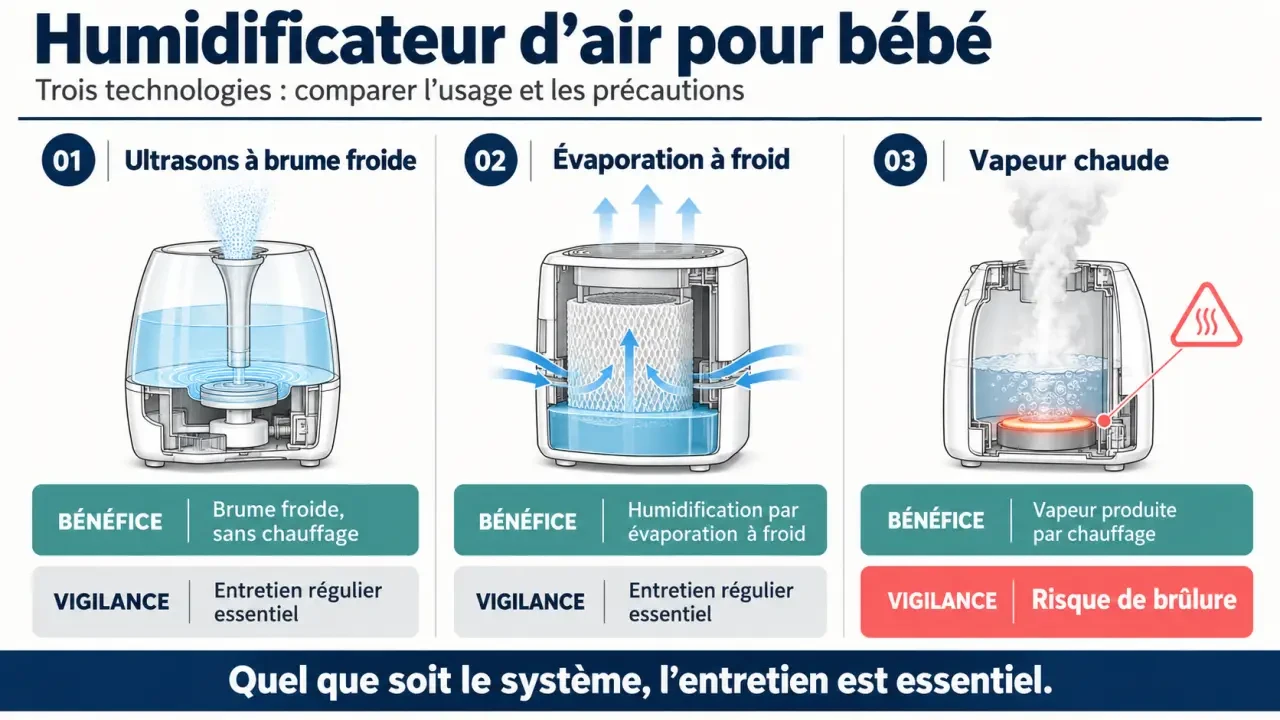 Comparatif des technologies d’un humidificateur d’air bébé : ultrasons, évaporation à froid et vapeur chaude