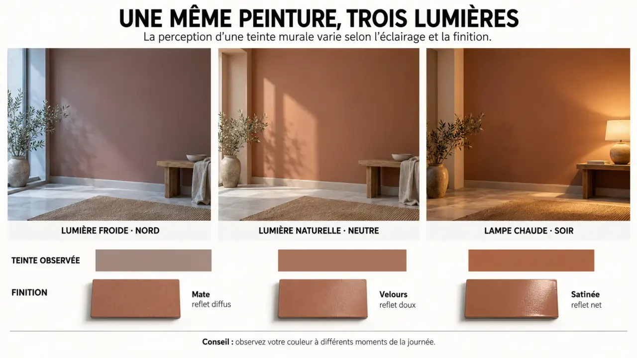 Peinture couleur mur observée selon la lumière et la finition mate, velours ou satinée